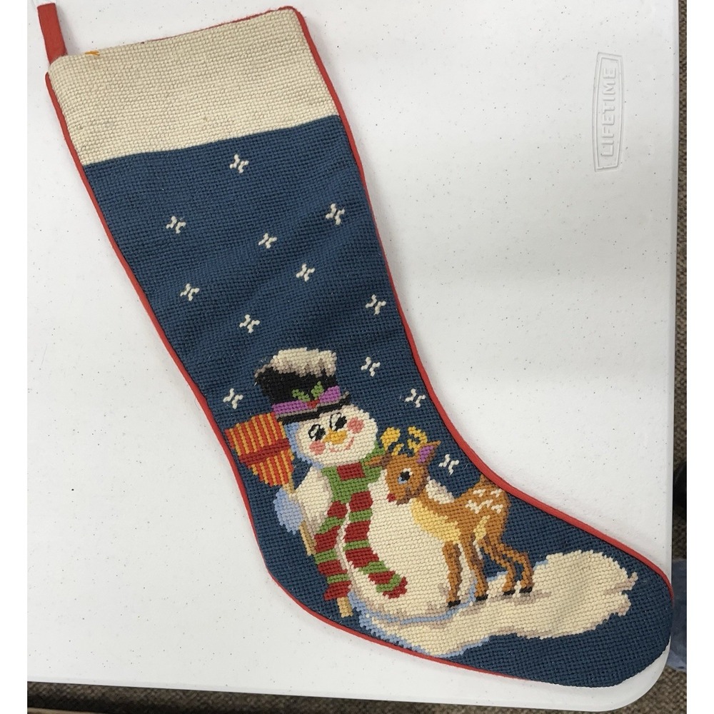 Vintage Needlepoint Christmas Stocking Snowman Reindeer Blue Red Velvet Back